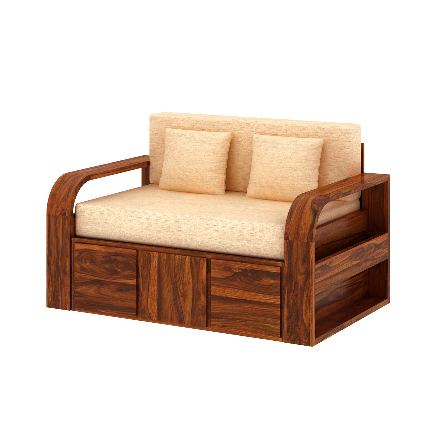 Scott Solid Sheesham Wood 2 Seater Sofa Cum Bed With Headboard and Mini Storage - 3 Years Warranty