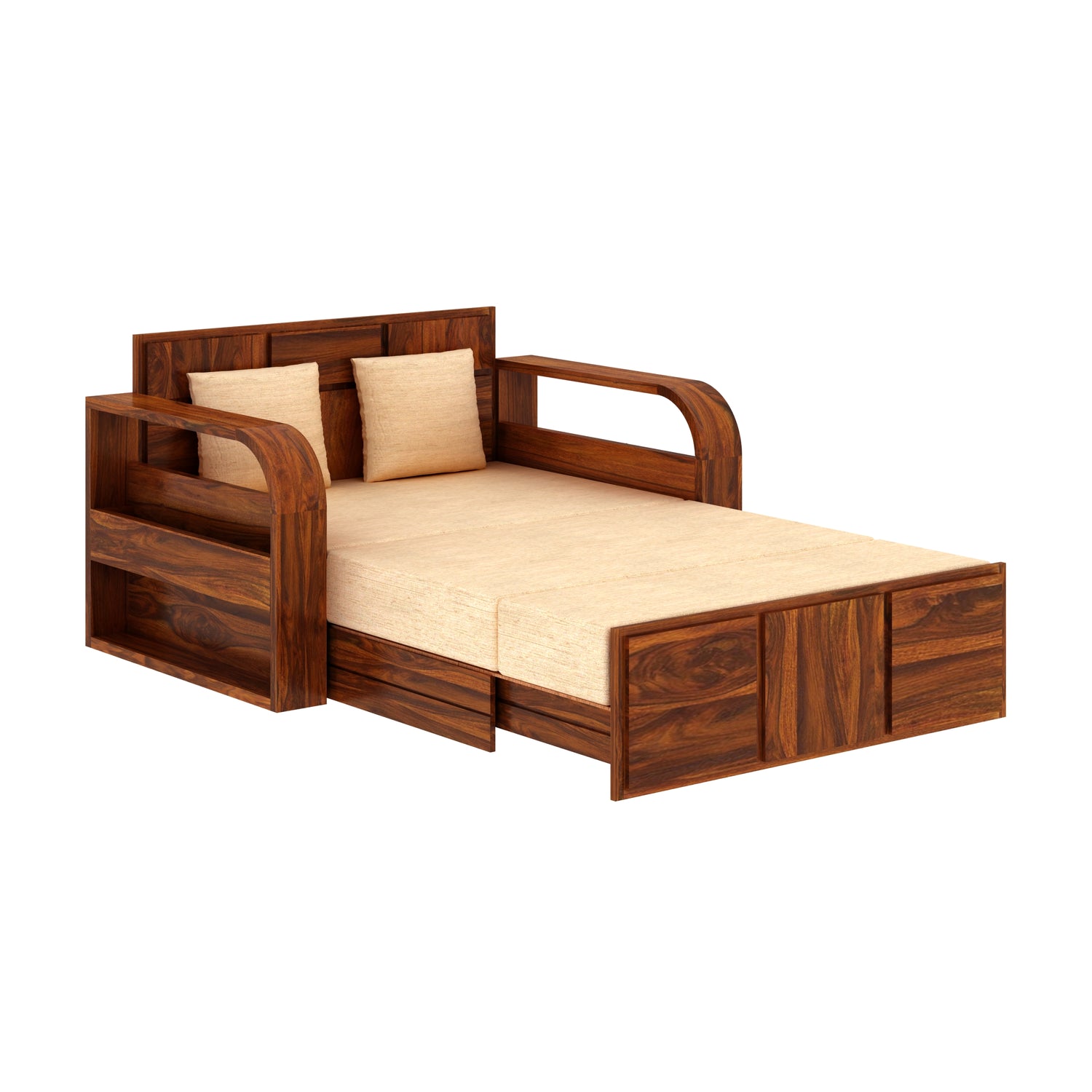 Scott Solid Sheesham Wood 2 Seater Sofa Cum Bed With Headboard and Mini Storage - 3 Years Warranty
