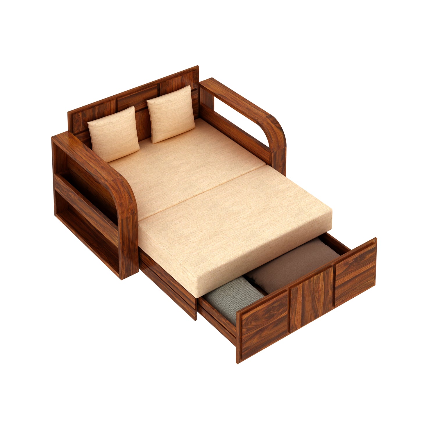 Scott Solid Sheesham Wood 2 Seater Sofa Cum Bed With Headboard and Mini Storage - 3 Years Warranty