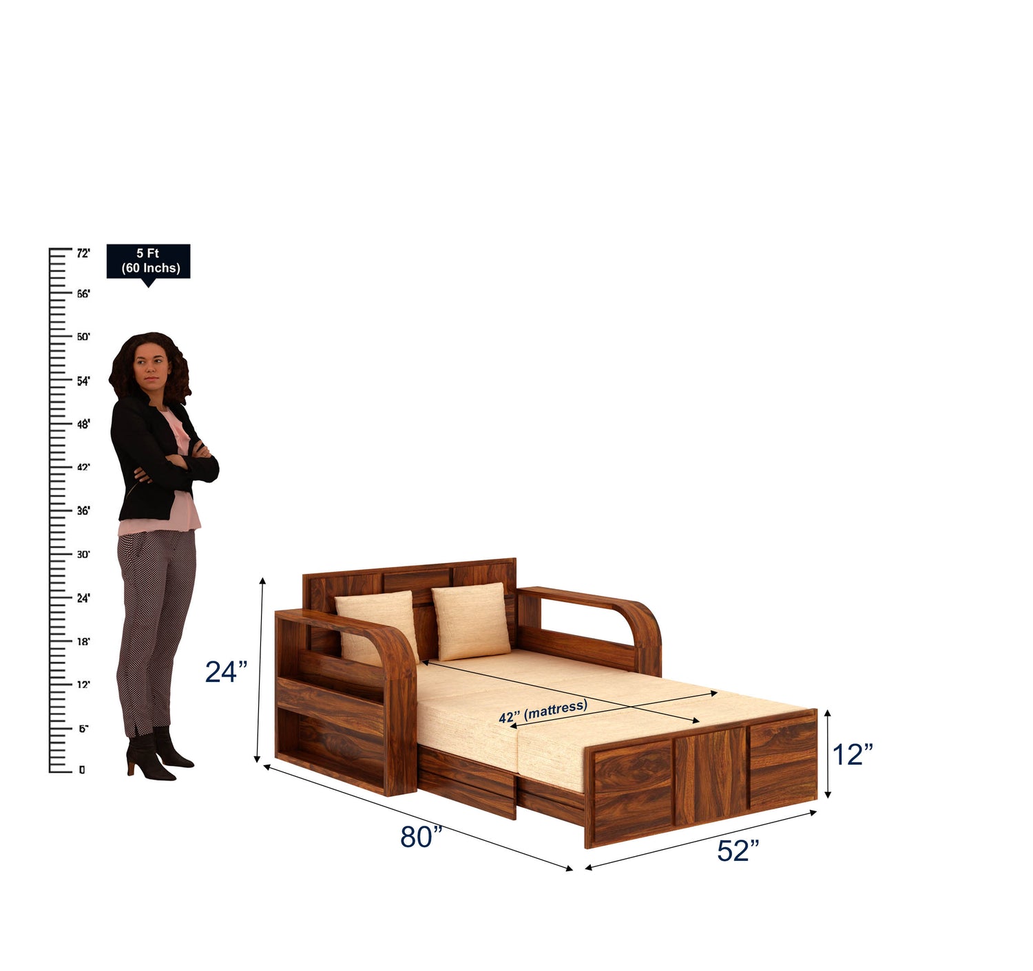 Scott Solid Sheesham Wood 2 Seater Sofa Cum Bed With Headboard and Mini Storage - 3 Years Warranty