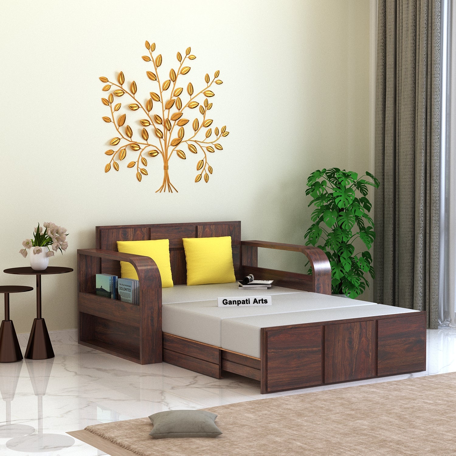 Scott Solid Sheesham Wood 2 Seater Sofa Cum Bed With Headboard and Mini Storage - 3 Years Warranty