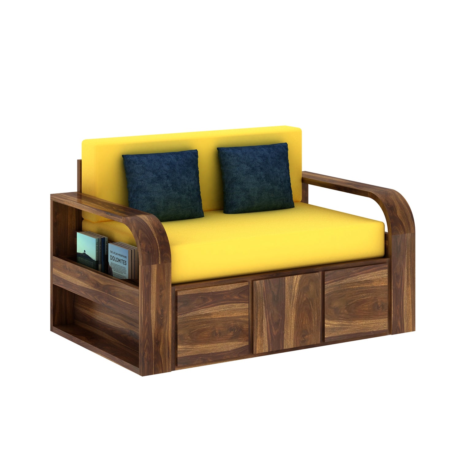Scott Solid Sheesham Wood 2 Seater Sofa Cum Bed With Mini Storage - 3 Years Warranty