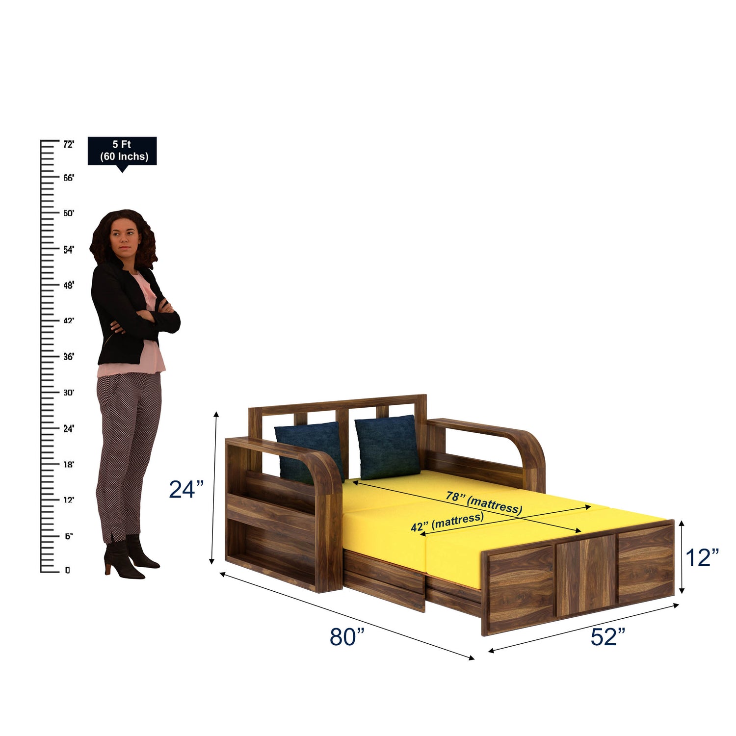 Scott Solid Sheesham Wood 2 Seater Sofa Cum Bed With Mini Storage - 3 Years Warranty