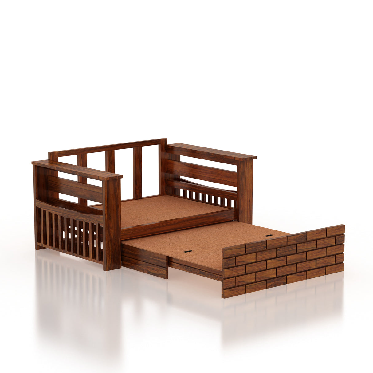 Italian Solid Sheesham Wood 2 Seater Sofa Cum Bed With Side Pockets - 3 Years Warranty