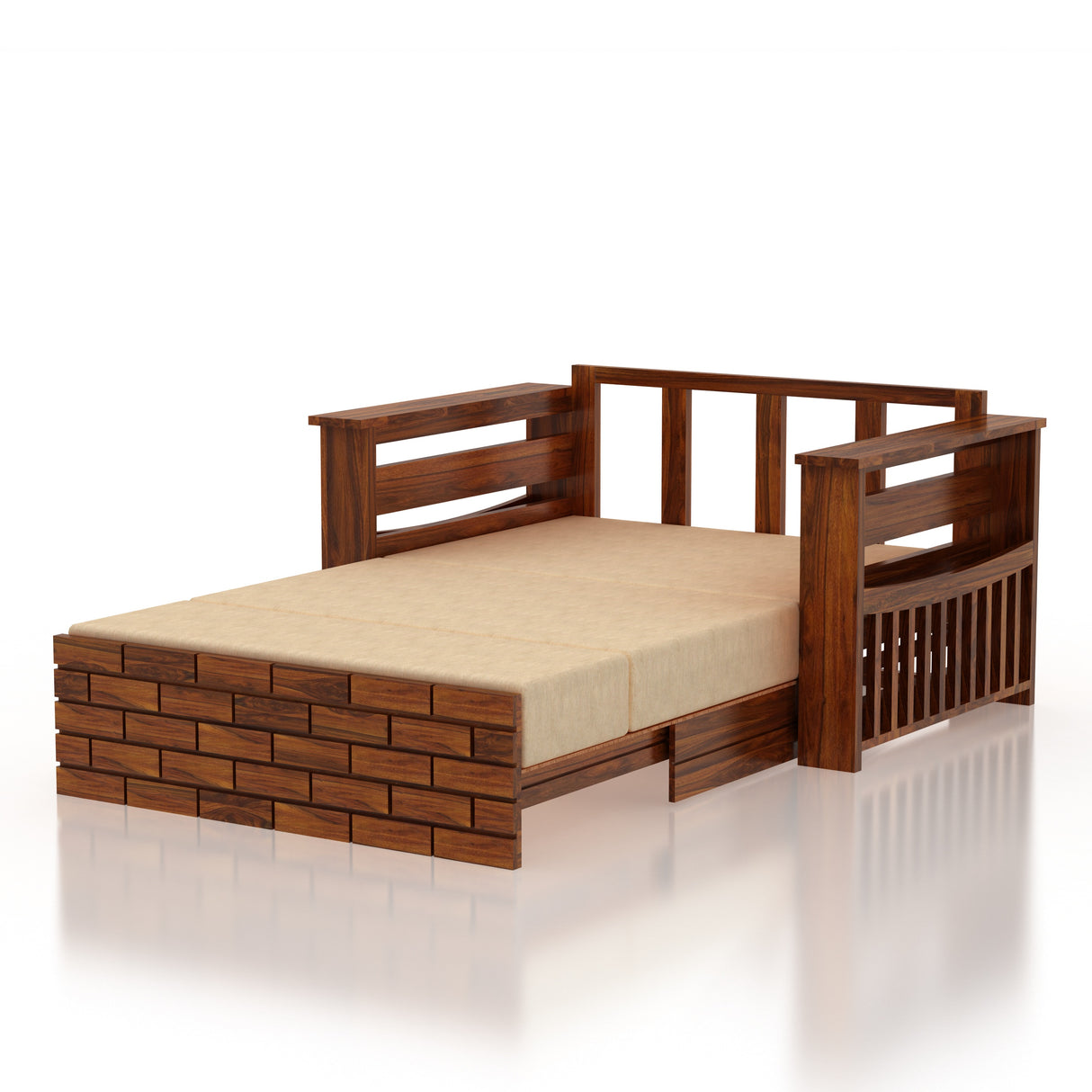 Italian Solid Sheesham Wood 2 Seater Sofa Cum Bed With Side Pockets - 3 Years Warranty