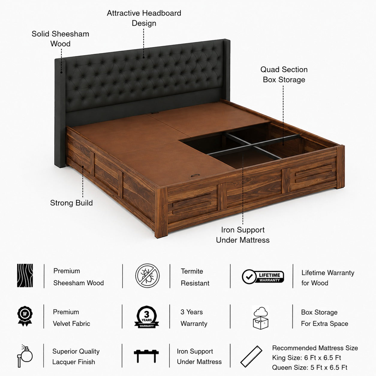Swiss Solid Sheesham Wood Bed With Box Storage & Fabrio Style Upholstered Headboard-3 years Warranty(LUXE EDITION) features