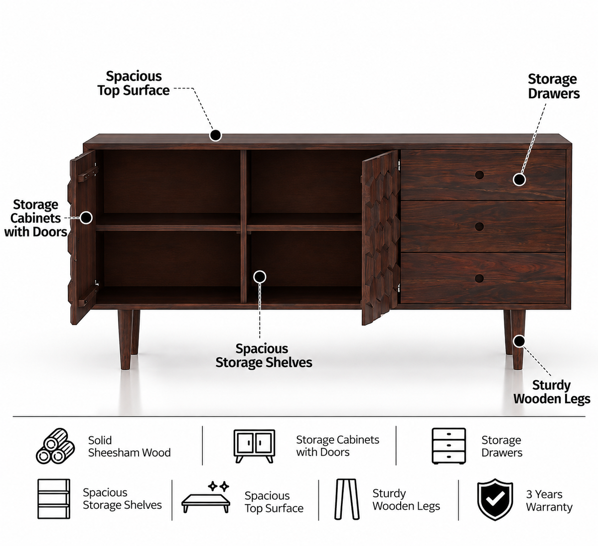 Hexa Solid Sheesham Wood Sideboard With Doors and Drawer Storage - 3 Years Warranty