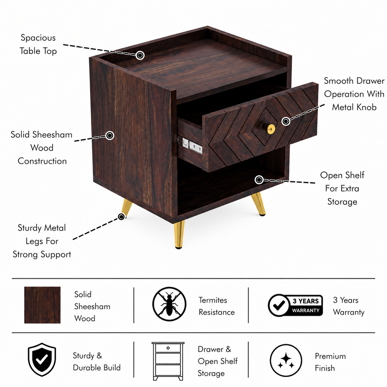 Wave Solid Sheesham Wood Bedside With Storage - 3 Years Warranty features