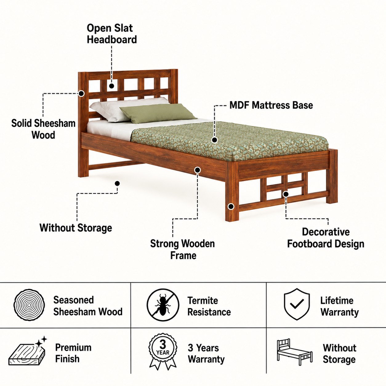 Simons Solid Sheesham Wood Single Bed - 3 Years Warranty features
