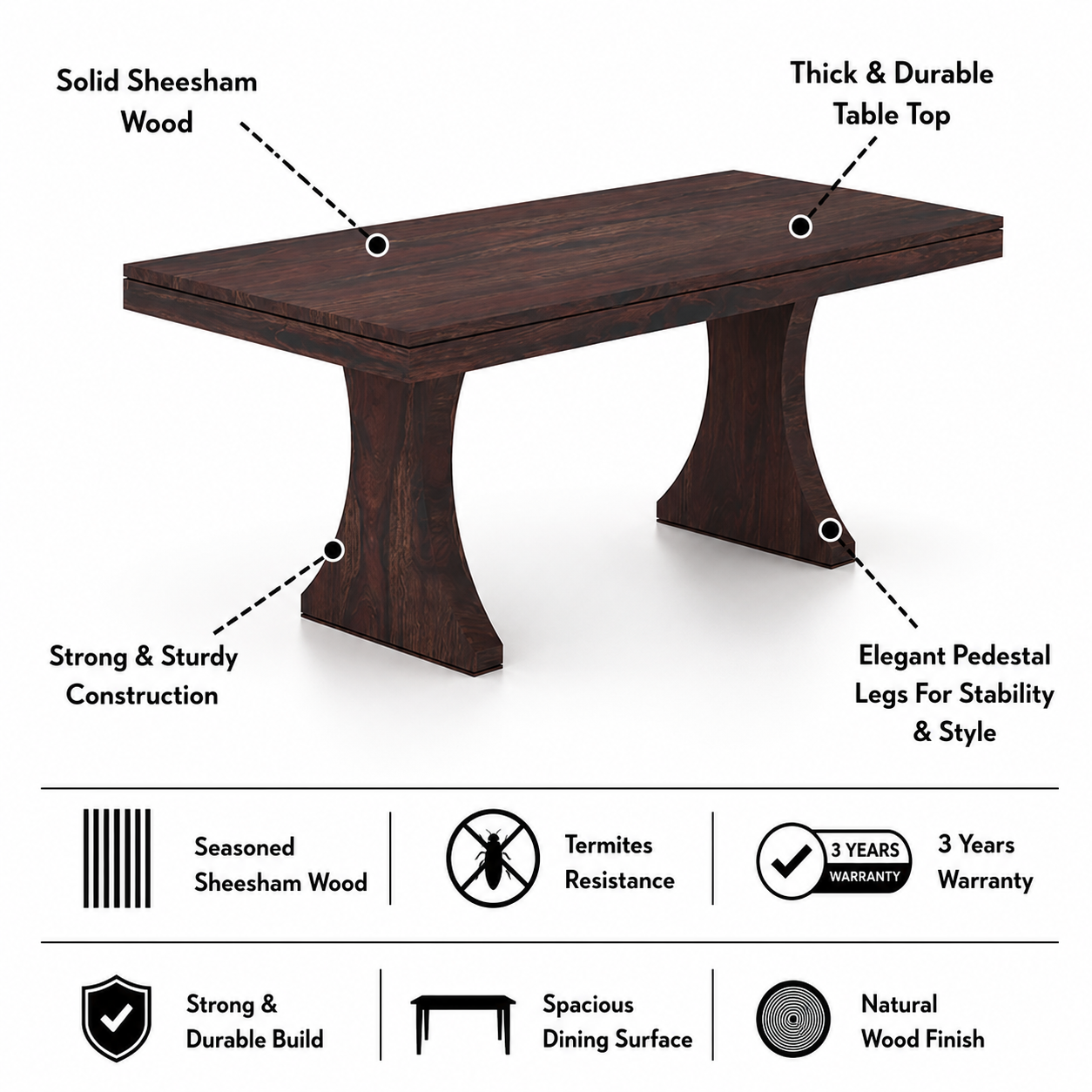 Merin Solid Sheesham Wood 6 Seater Dining Table Set - 3 Years Warranty features