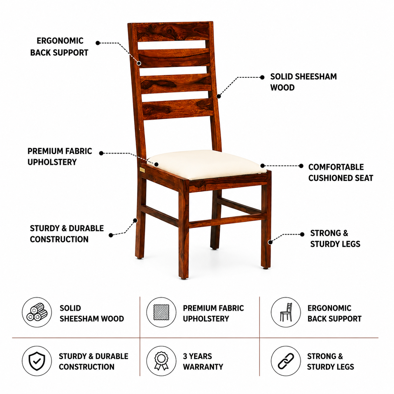 Mayor Solid Sheesham Wood Dining Chair - 3 Years Warranty features
