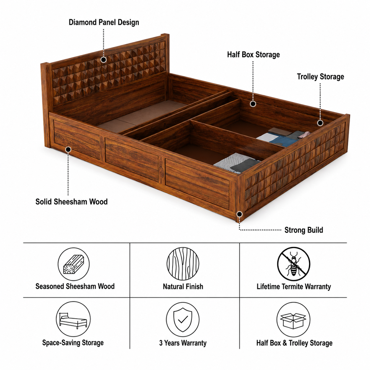 Oslo Diamond Solid Sheesham Wood Bed With Half Box and Trolly Storage - 3 Years Warranty features