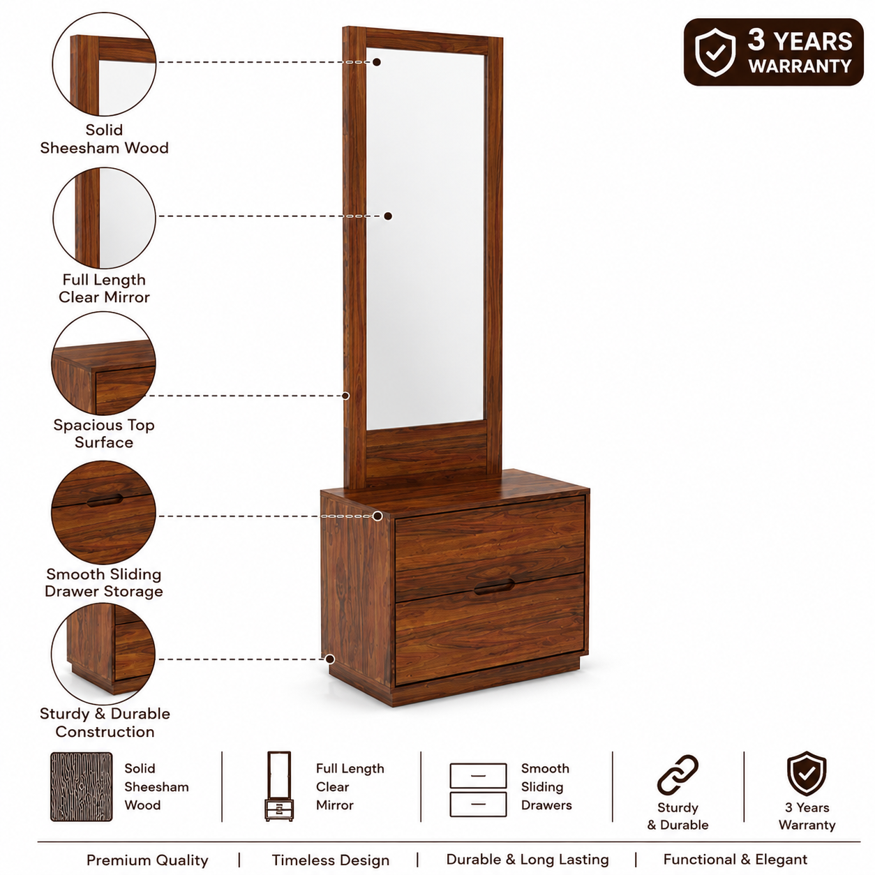 Italian Solid Sheesham Wood Dressing Table Mirror - 3 Years Warranty features