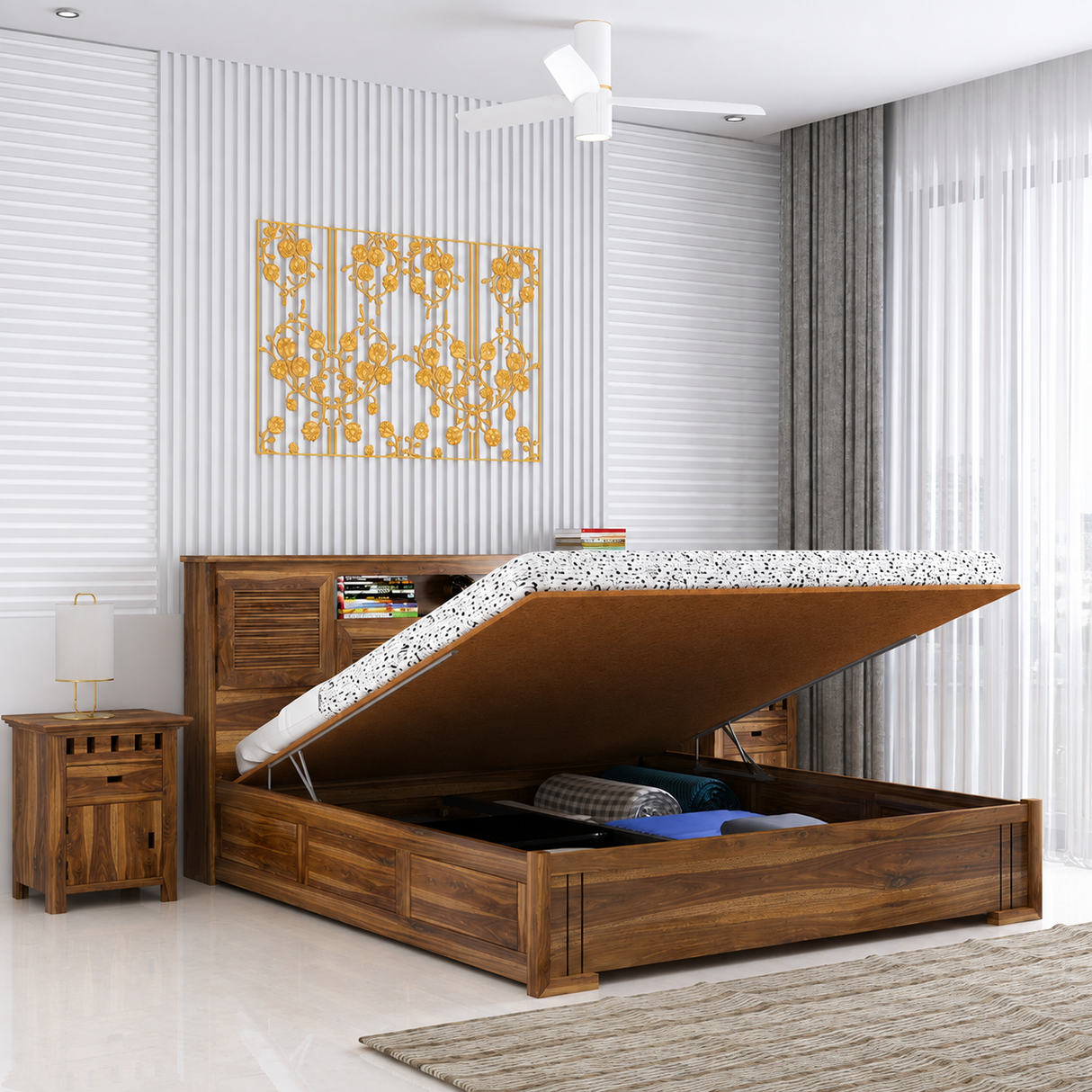 Maharaja Groove Solid Sheesham Wood Bed with Hydraulic Box and Headboard Storage - 3 years Warranty