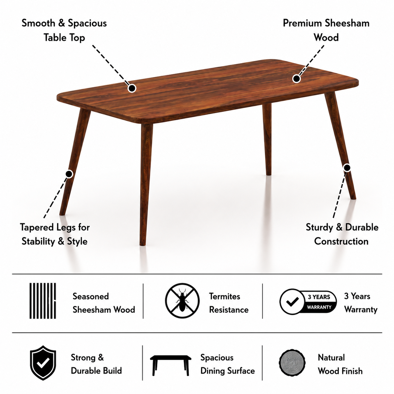Oval Solid Sheesham Wood 6 Seater Dining Table - 3 Years Warranty features