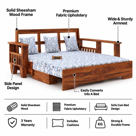 Maharaja Solid Sheesham Wood 3 Seater Sofa Cum Bed With Side Pockets FLORAL - 3 Years Warranty