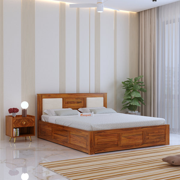 Swiss Solid Sheesham Wood Box Storage Bed With Upholstered Backrest - 3 years Warranty