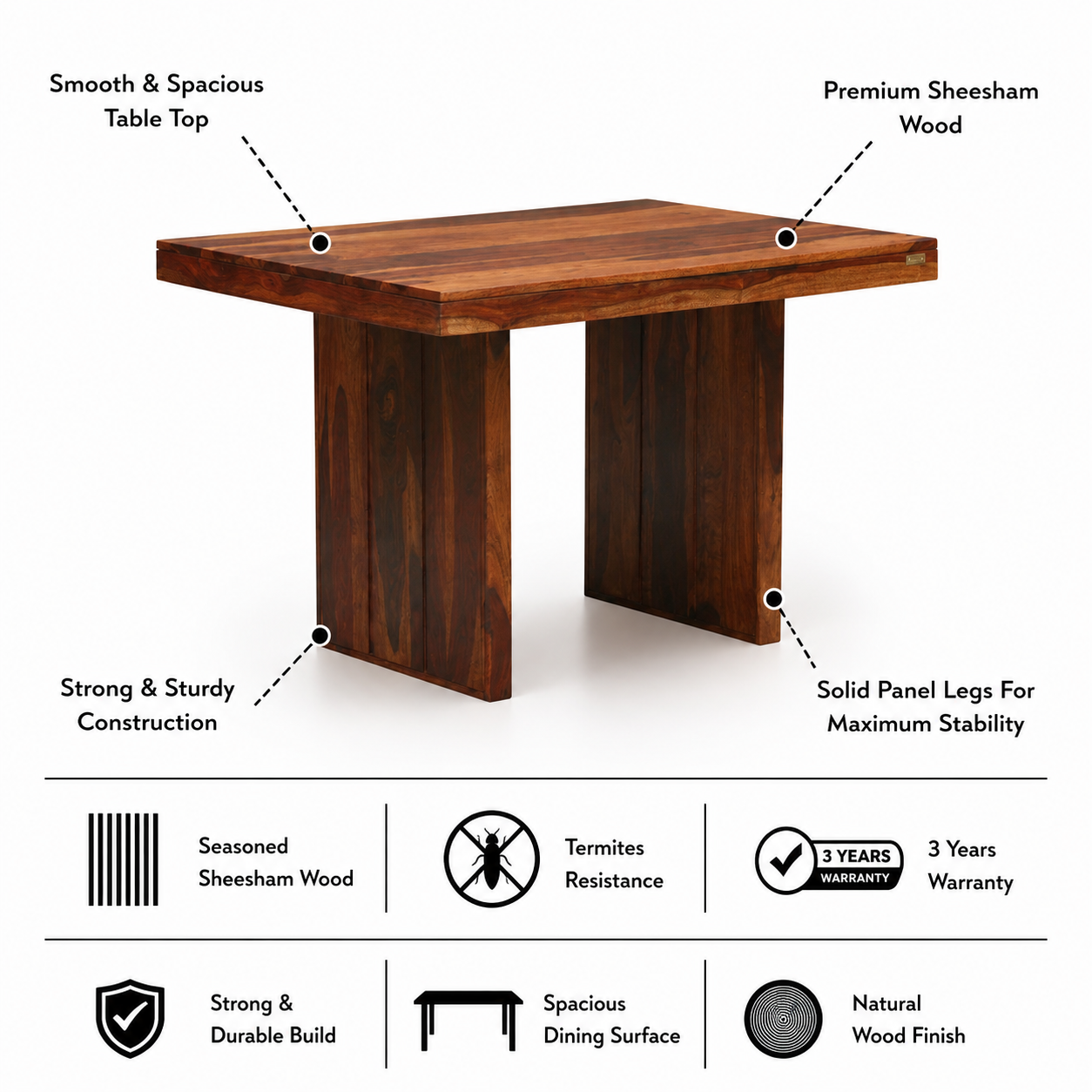 Mayor Solid Sheesham Wood 4 Seater Dining Table Set - 3 Years Warranty features