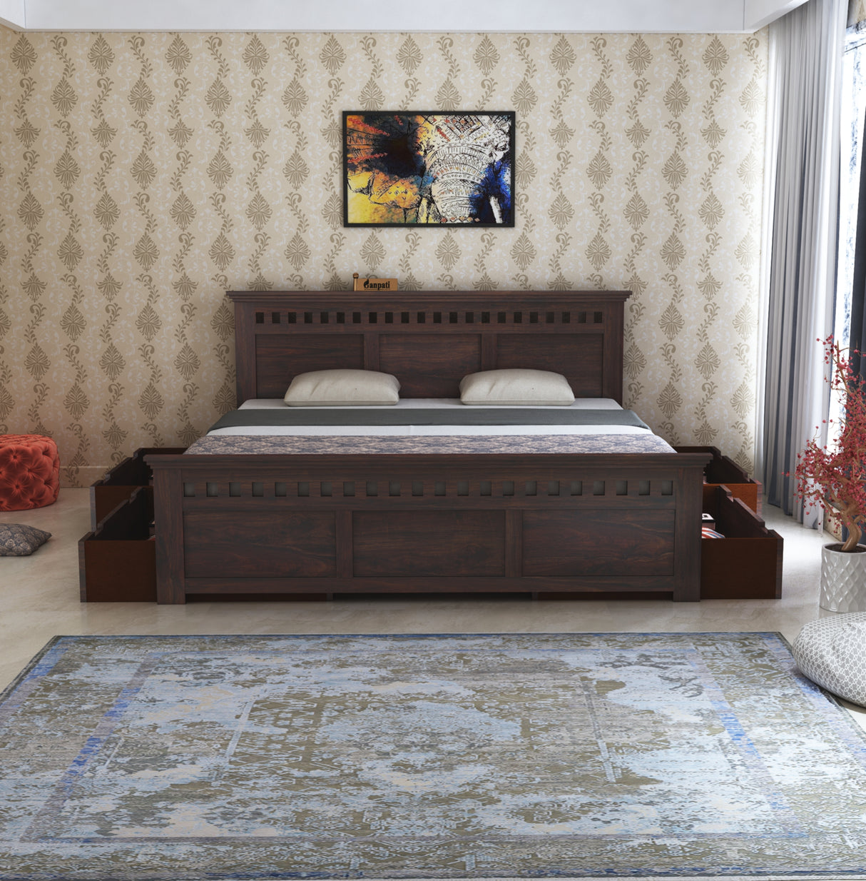 Armania Solid Sheesham Wood Bed With Four Drawer Storage - 3 Years Warranty