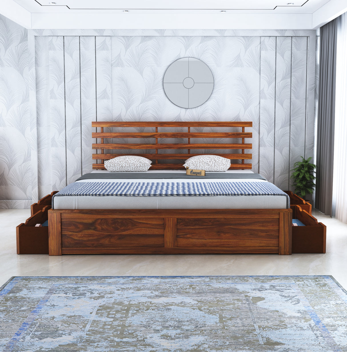Strap Solid Sheesham Wood Bed With Four Drawer Storage - 3 Years Warranty