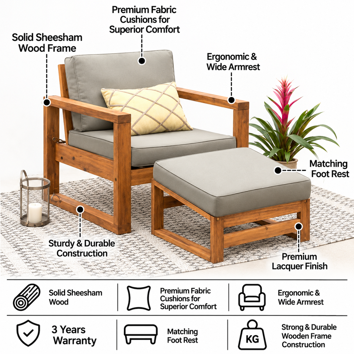 Euro Solid Sheesham Wood Single Seater Sofa With Foot Rest - 3 Years Warranty features