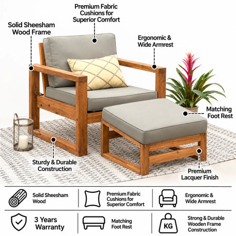 Euro Solid Sheesham Wood Single Seater Sofa With Foot Rest - 3 Years Warranty