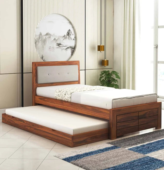 Euro Solid Sheesham Wood Single Trundle Bed With Upholstered Headboard - 3 Years Warranty features
