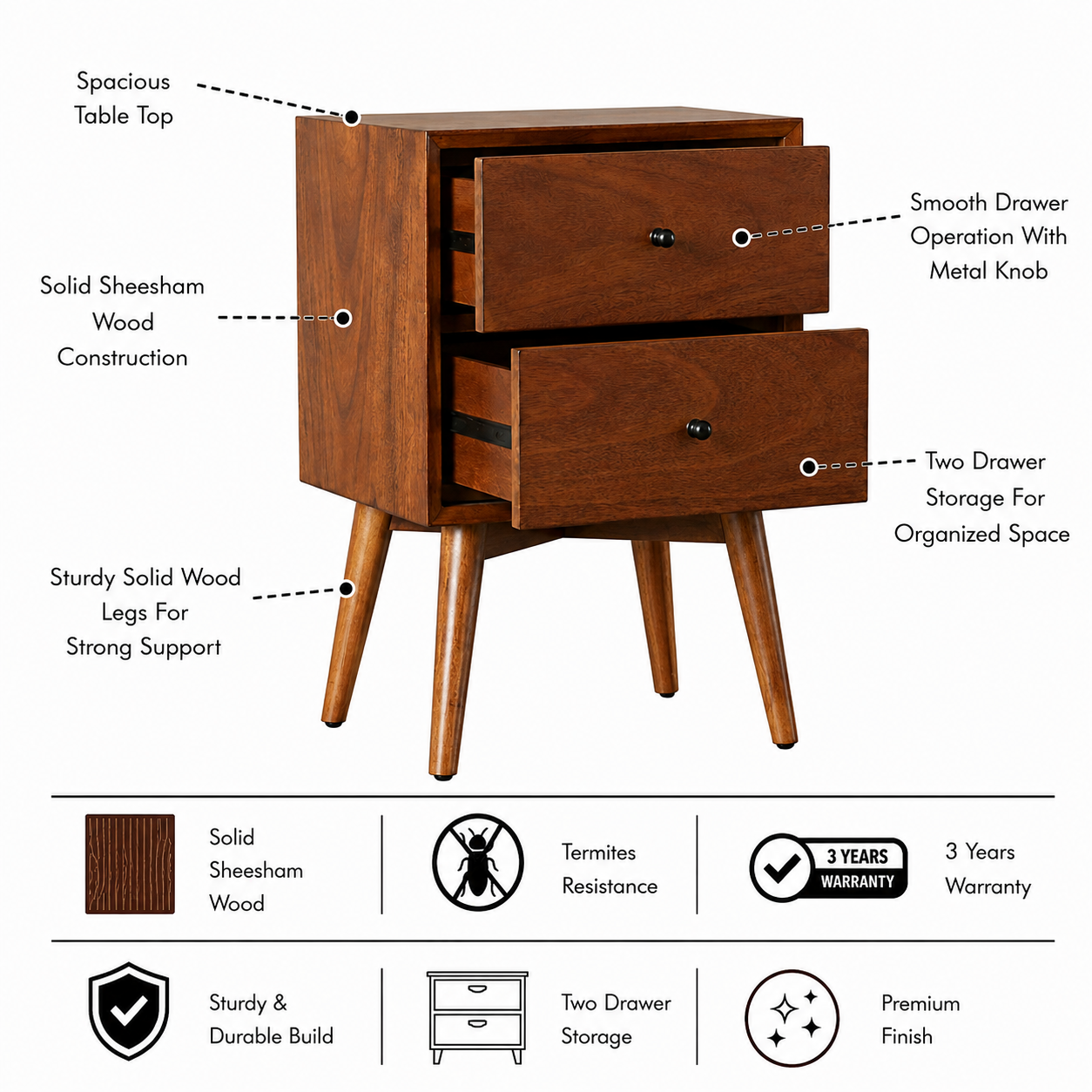 Lucia Solid Sheesham Wood Bedside Table With Two Drawer Storage - 3 Years Warranty features