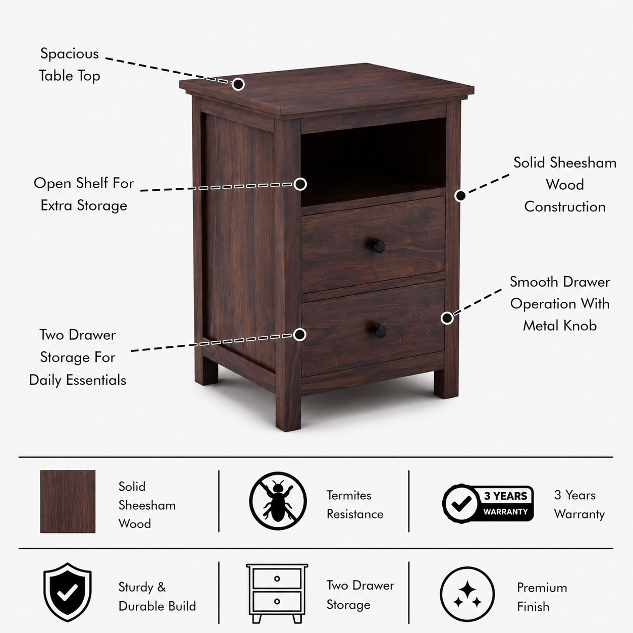 Swift Solid Sheesham Wood Bedside Table With Two Drawer Storage -3 Years Warranty features