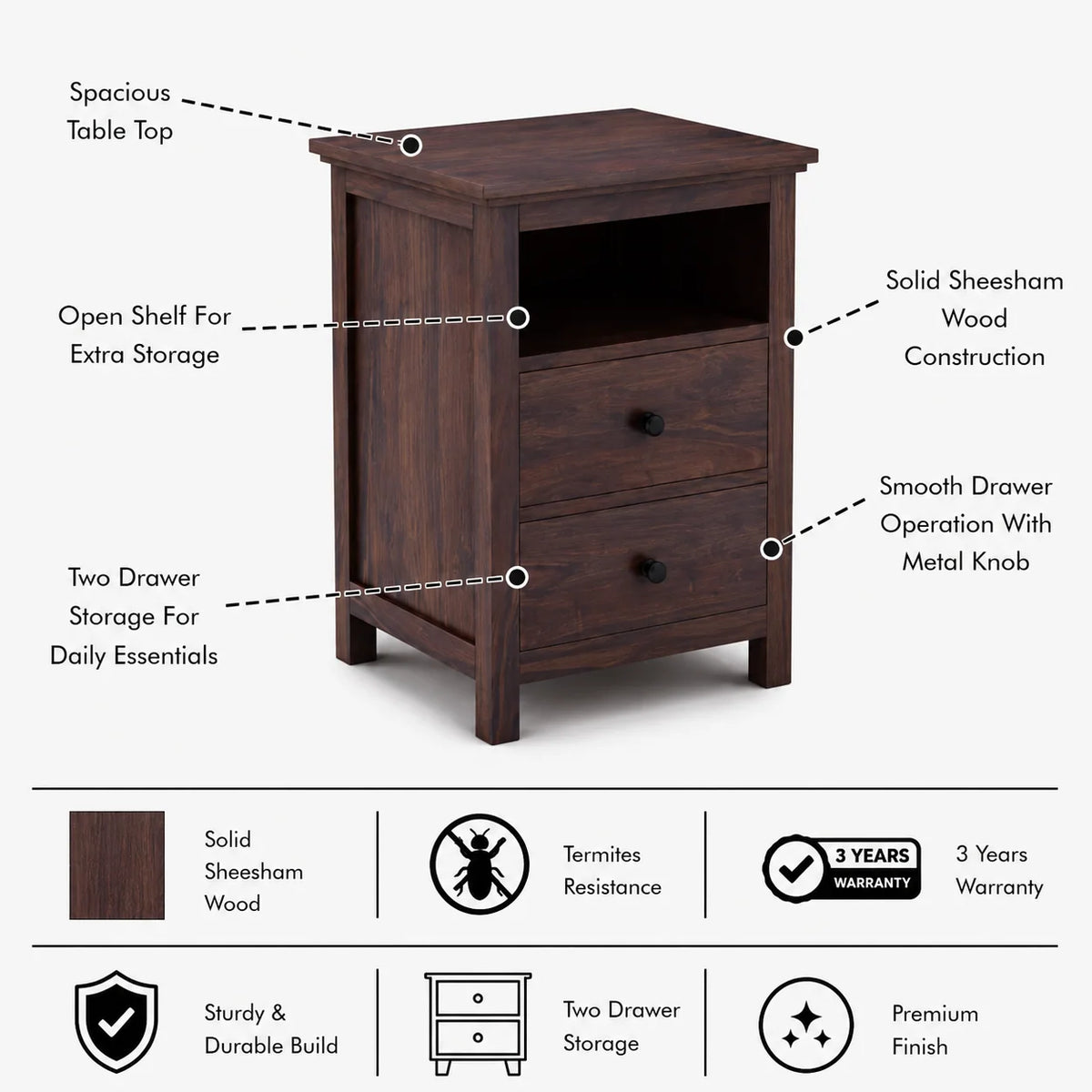 Swift Solid Sheesham Wood Bedside Table With Two Drawer Storage -3 Years Warranty
