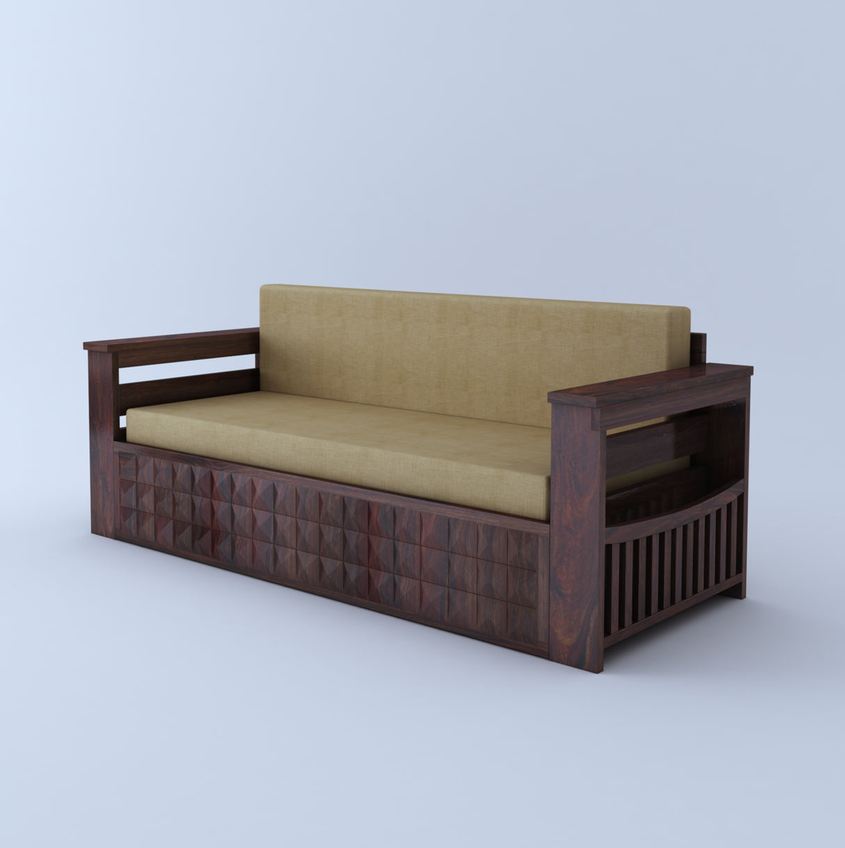 OSLO Solid Sheesham Wood 3 Seater Sofa Cum Bed With Mini Storage and Side Pockets - 3 Years Warranty