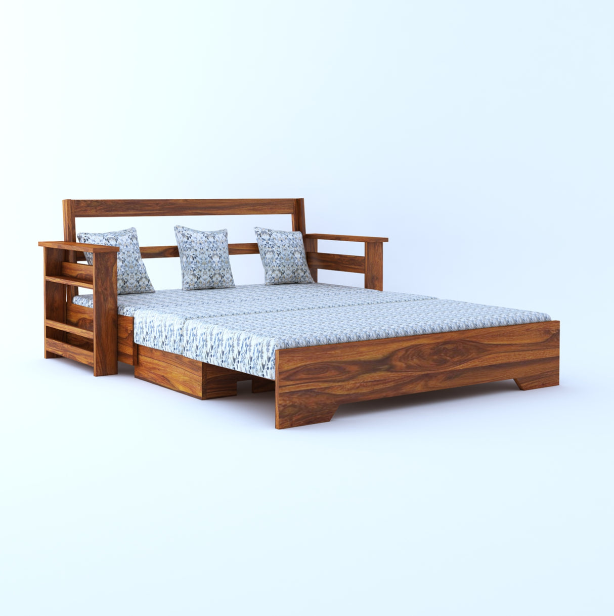 Foster Solid Sheesham Wood 3 Seater Sofa Cum Bed With Side Pockets FLORAL - 3 Years Warranty