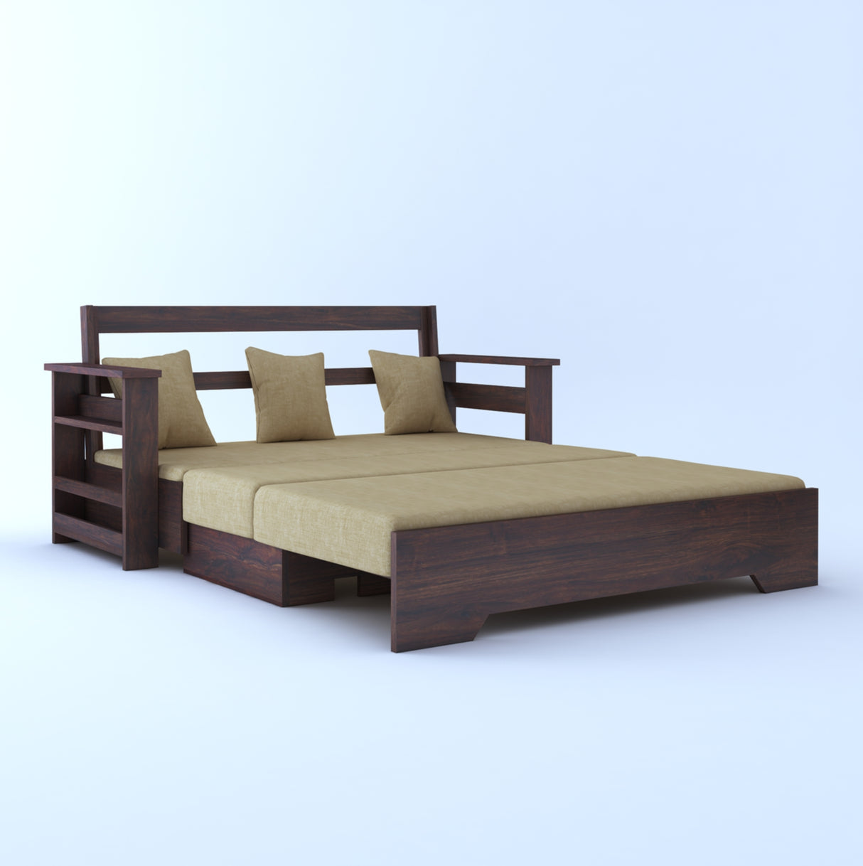 Foster Solid Sheesham Wood 3 Seater Sofa Cum Bed With Side Pockets - 3 Years Warranty