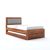 Euro Solid Sheesham Wood Single Trundle Bed With Upholstered Headboard - 3 Years Warranty