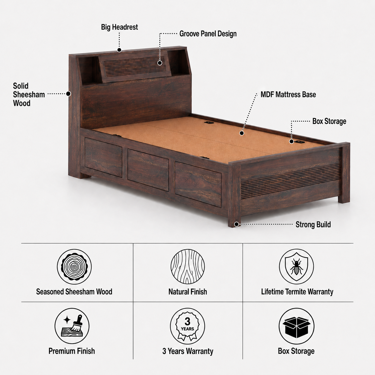 Marine Groove Solid Sheesham Wood 4 Feet Bed With Box Storage(BIG HEADREST)- 3 years Warranty features
