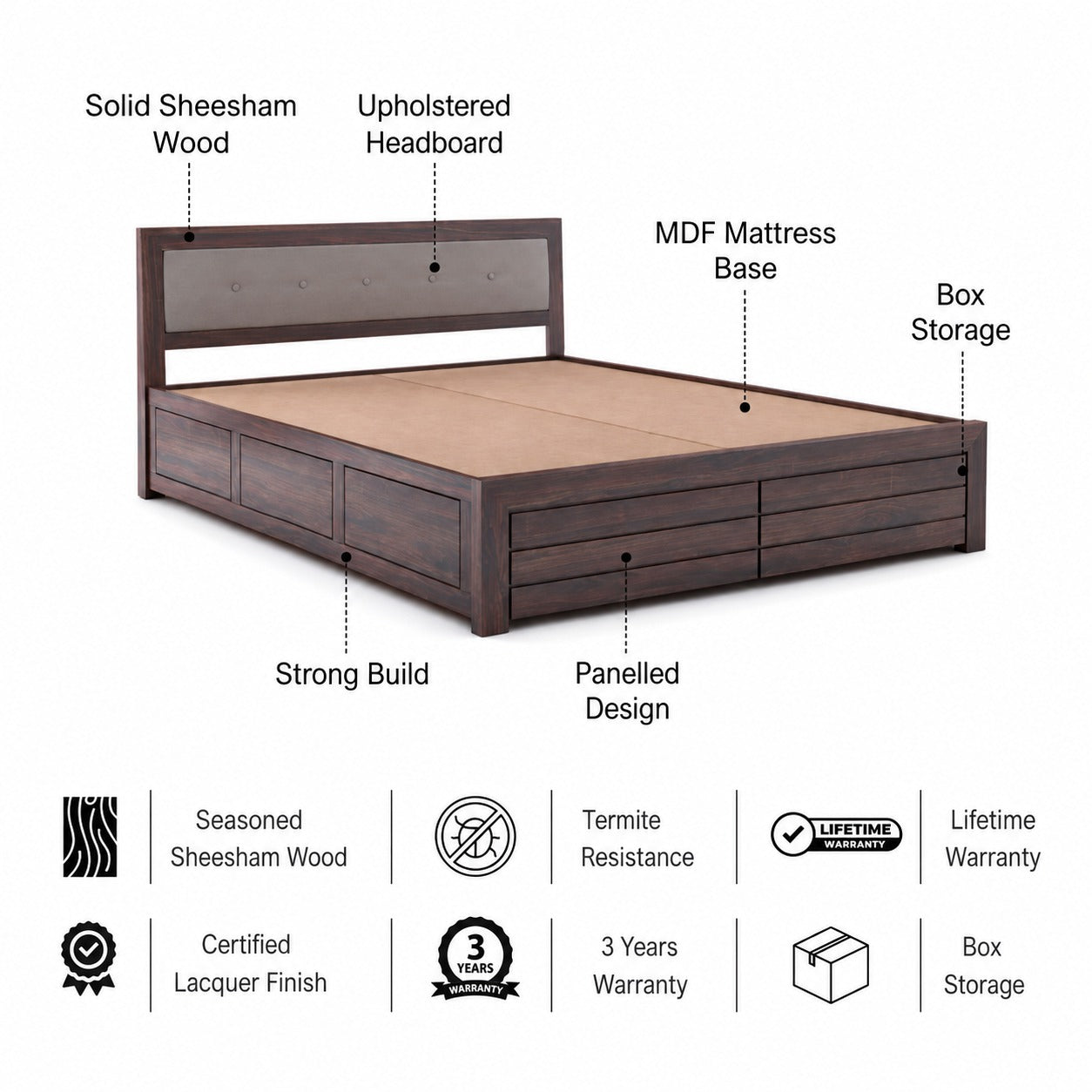 Euro Solid Sheesham Wood Bed with Box Storage and Upholstery Headboard -  3 Years Warranty features