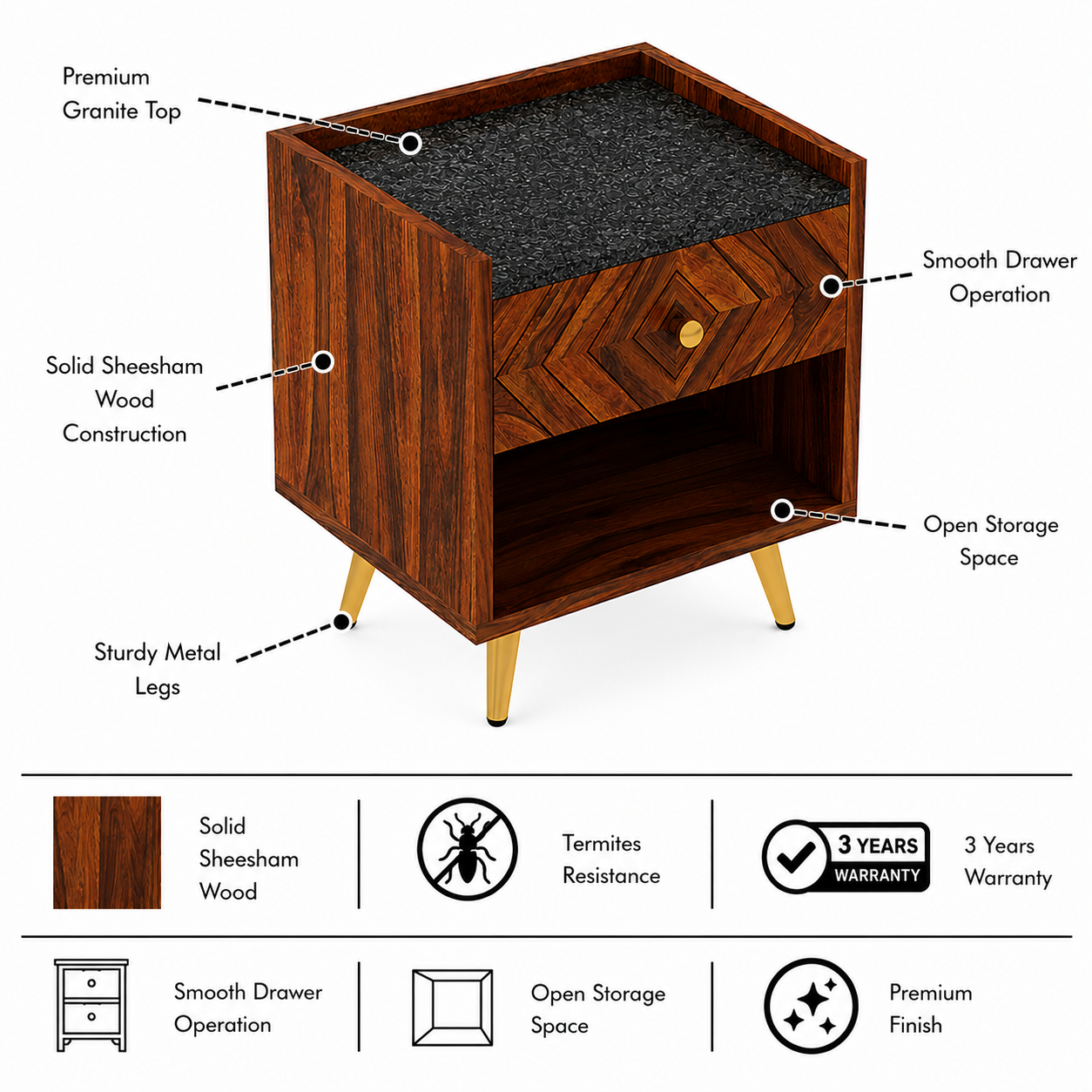 Wave Solid Sheesham Wood Bedside With Granite Top and Storage - 3 Years Warranty features