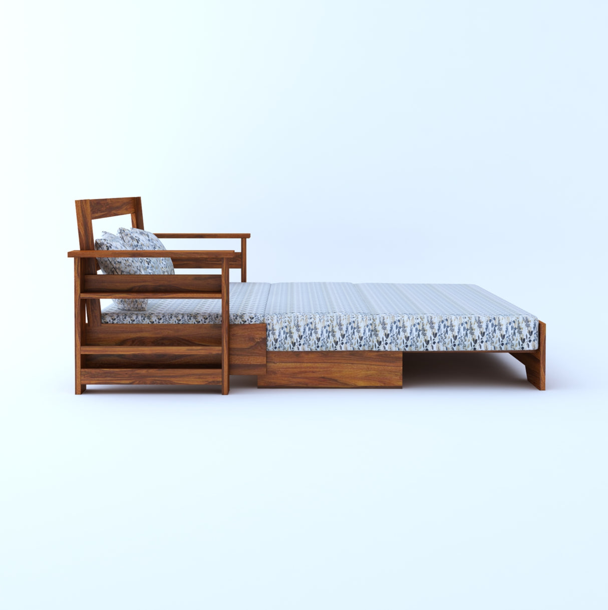 Foster Solid Sheesham Wood 3 Seater Sofa Cum Bed With Side Pockets FLORAL - 3 Years Warranty