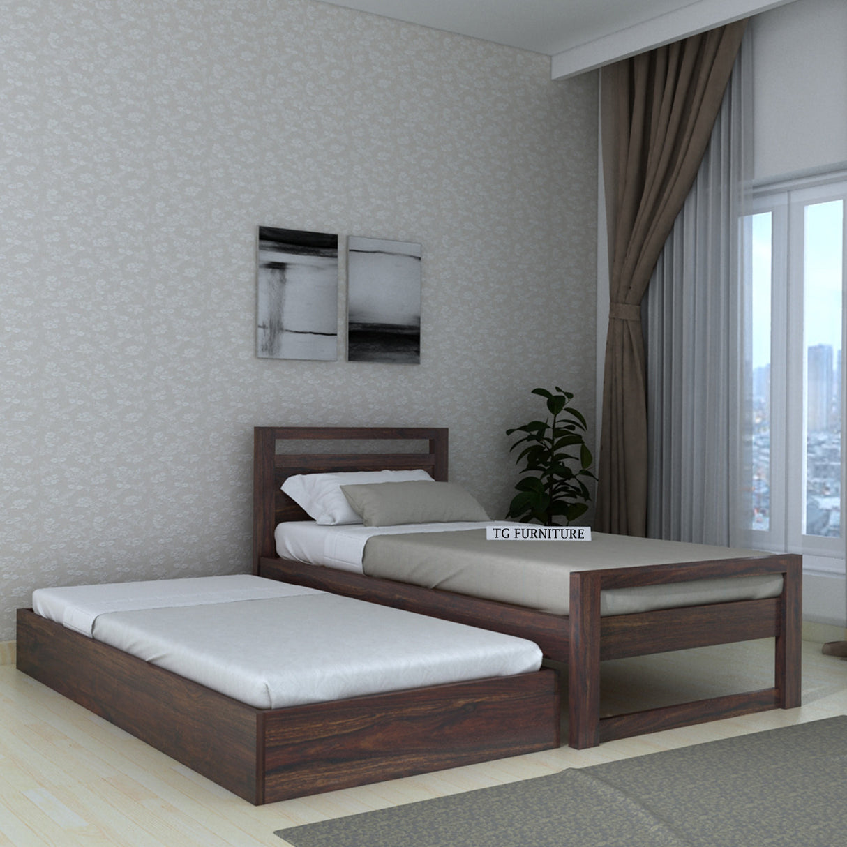 RIO Solid Sheesham Wood Trundle Bed With Storage - 3 Years Warranty
