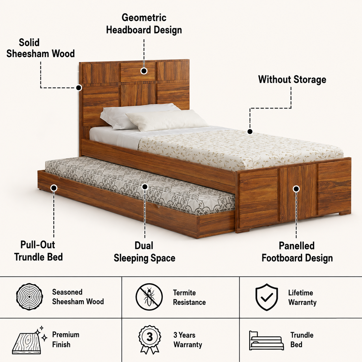 Scott Solid Sheesham Wood Single Trundle Bed Without Storage - 3 years Warranty features