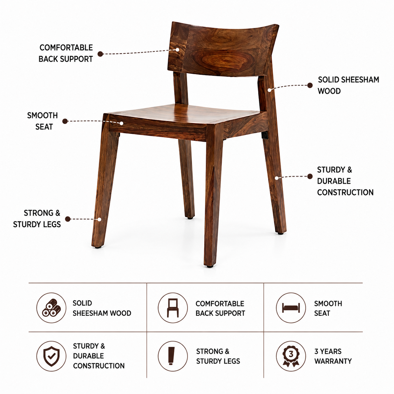 Rio Solid Sheesham Wood Chair - 3 Years Warranty features