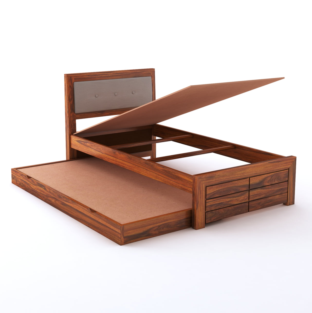 Euro Solid Sheesham Wood Single Trundle Bed With Upholstered Headboard - 3 Years Warranty