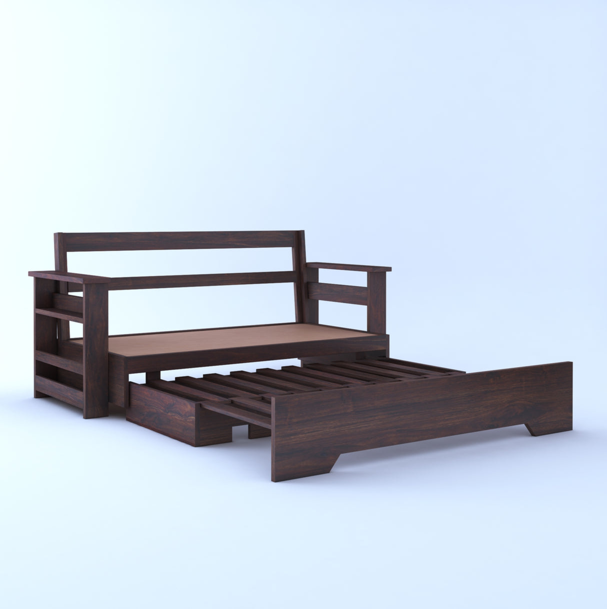 Foster Solid Sheesham Wood 3 Seater Sofa Cum Bed With Side Pockets - 3 Years Warranty