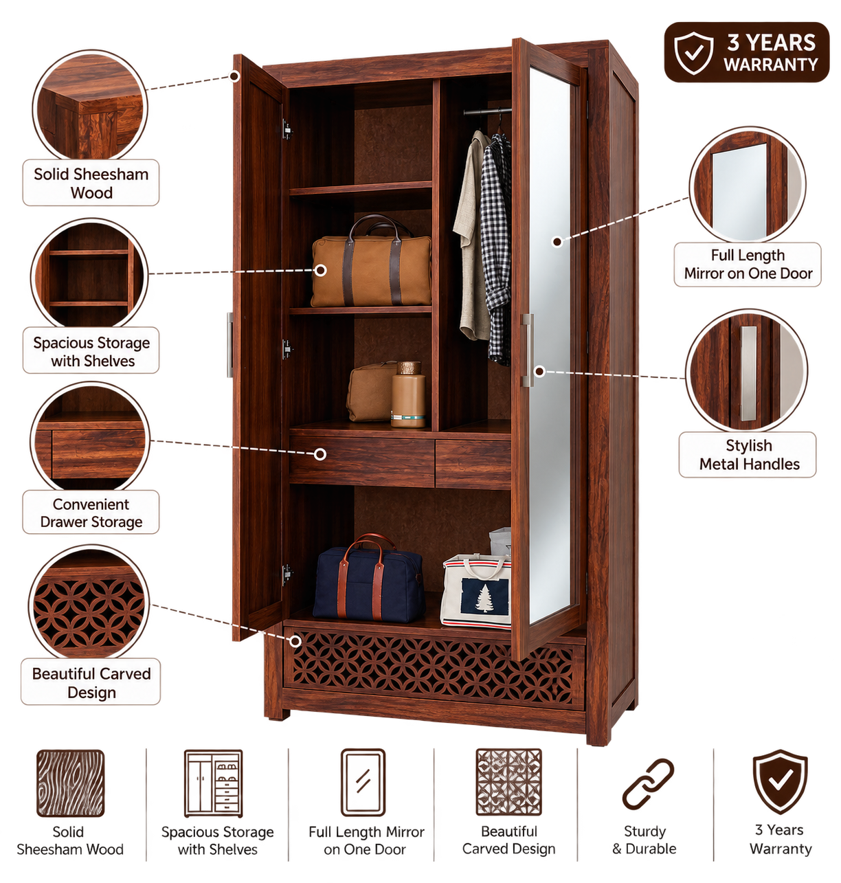 Jodhpur Solid Sheesham Wood with One Side Mirror - 3 Years Warranty features