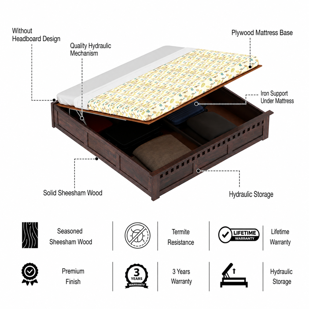 Armania Solid Sheesham Wood Bed With Hydraulic Storage Without Headboard - 3 years Warranty features