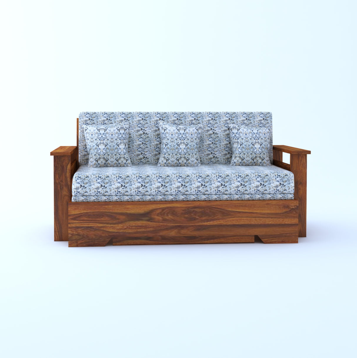 Foster Solid Sheesham Wood 3 Seater Sofa Cum Bed With Side Pockets FLORAL - 3 Years Warranty