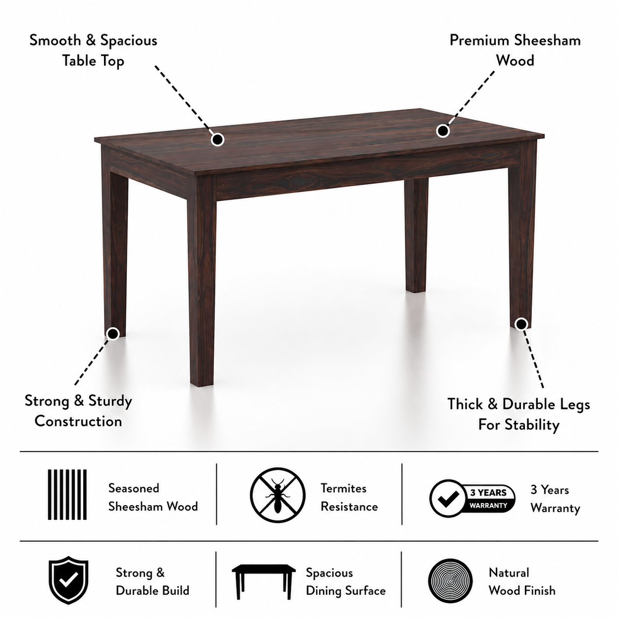 Cross Solid Sheesham Wood 6 Seater Dining Table Set - 3 Years Warranty features