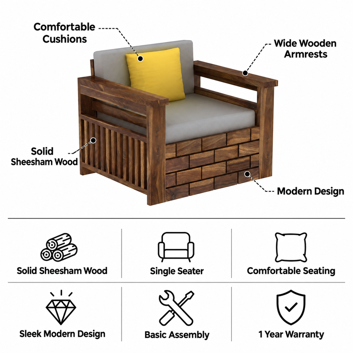 Italian Solid Sheesham Wood Single Seater Sofa - 3 Years Warranty features