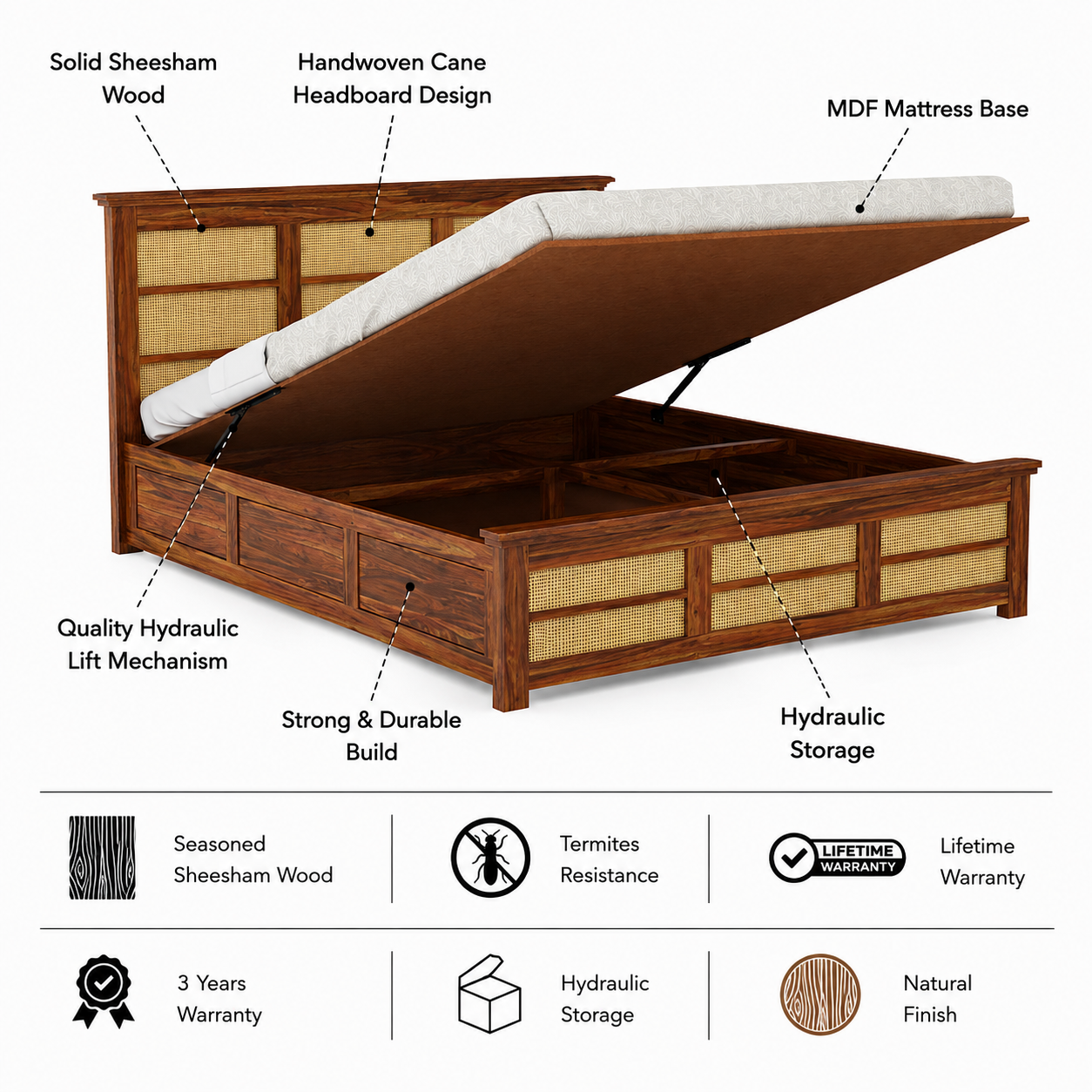 Syrus Solid Sheesham Wood Cane Bed With Hydraulic Storage Bed - 3 Years Warranty features