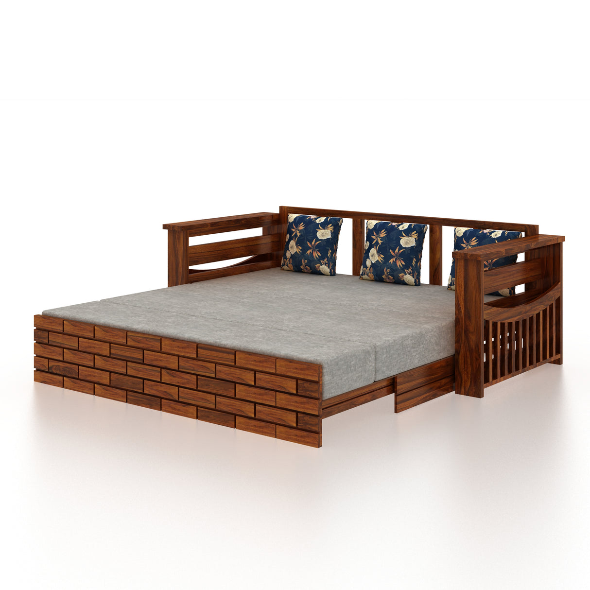 Italian Solid Sheesham Wood 3 Seater Sofa Cum Bed With Mini Storage and Side Pockets - 3 Years Warranty